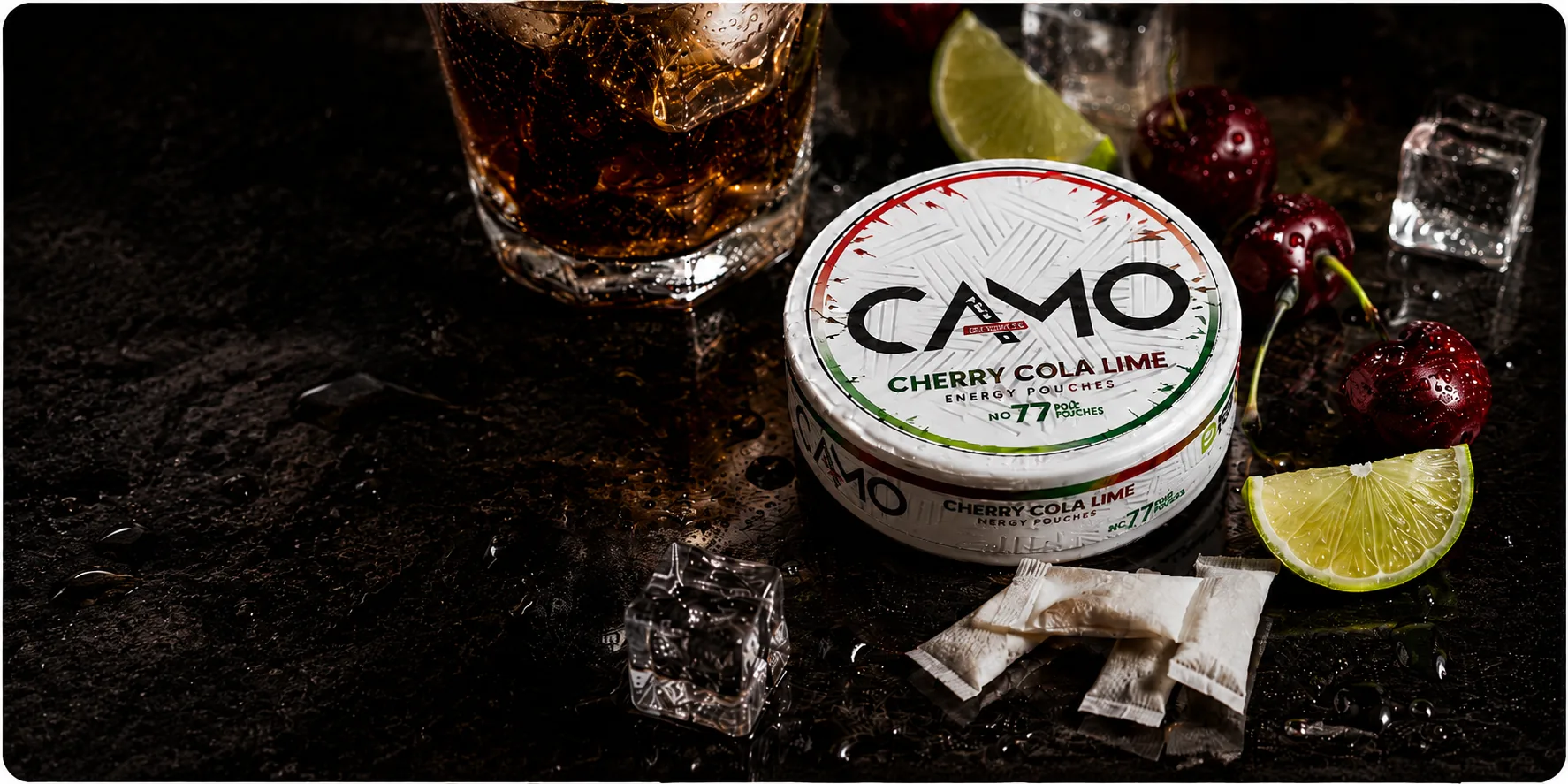 CAMO Cherry Cola Lime energy pouches s třešněmi a limetkou